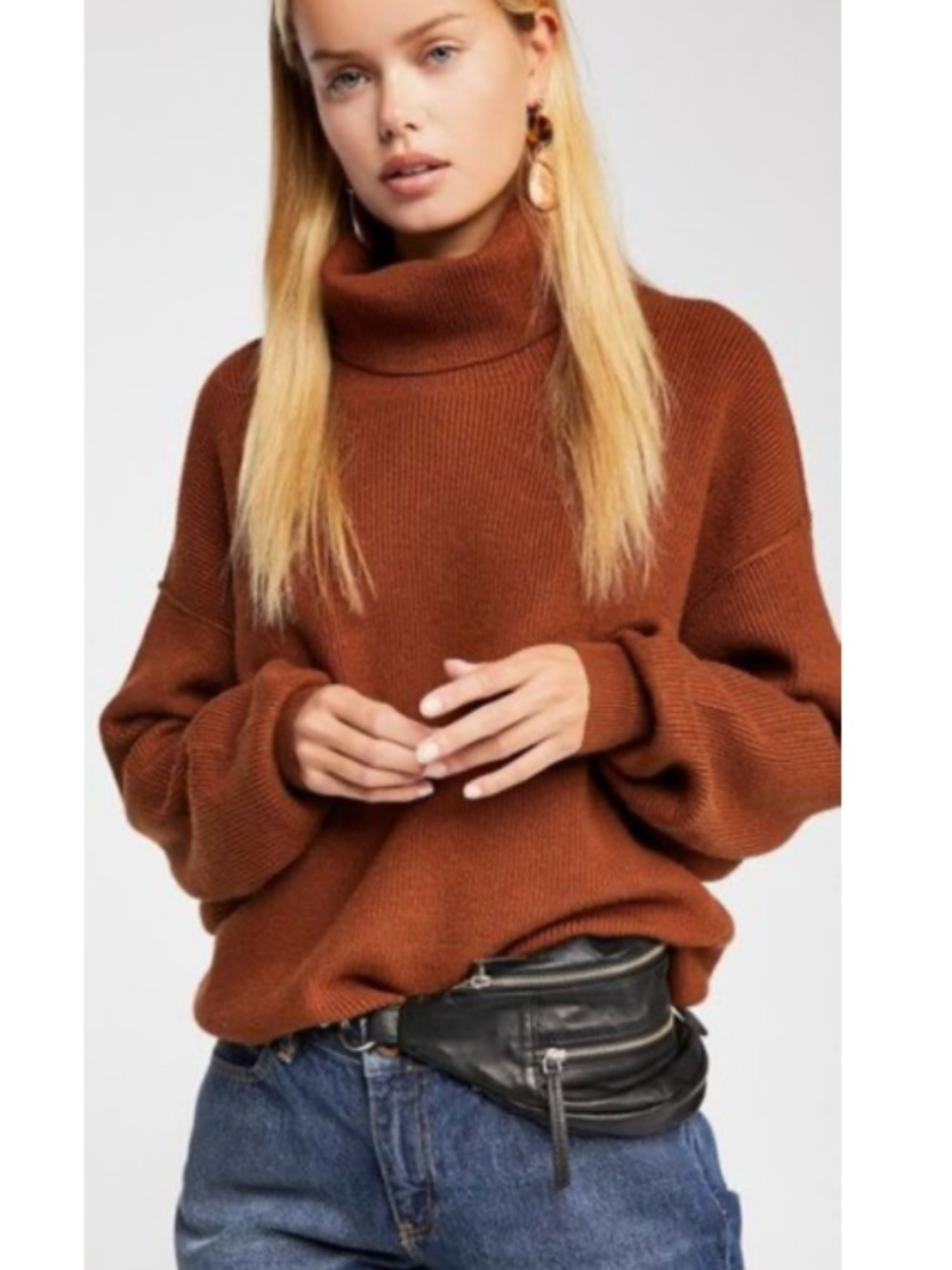Free People Softly Structured Knit Tunic Slouchy Turtleneck Sweater Brown Small